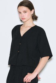 Resim Rustic Buttoned Blouse Black - BLACK / L 