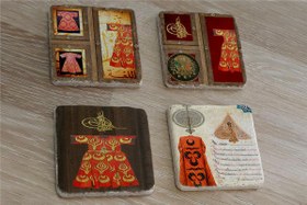Resim Padişah Kaftanları Ferman ve Tuğra Doğal Taş Bardak Altlığı 4'lü set - Natural Stone Coasters 