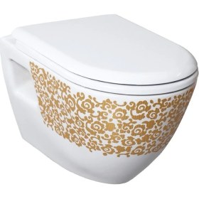 Resim Creavit TP325 Terra Asma Klozet Çiçek Altın Dekorlu Asma Klozet + Duck Yavaş Kapanır Kapak 