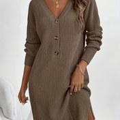 Resim Kadınlar için Yumuşak Pembe V-Yaka Kazak Elbise, Kısa Kollu & Tek Düğme Kapatma - A-Line Kışlık Ceket Elbise, Gündelikten Resmi Etkinliklere, Elde Yıkanabilir (Pembe) - Şık Ofisden Partiye Giyim 