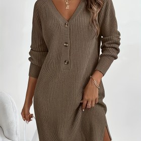 Resim Kadınlar için Yumuşak Pembe V-Yaka Kazak Elbise, Kısa Kollu & Tek Düğme Kapatma - A-Line Kışlık Ceket Elbise, Gündelikten Resmi Etkinliklere, Elde Yıkanabilir (Pembe) - Şık Ofisden Partiye Giyim 