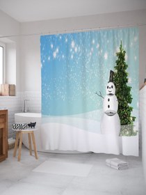 Resim Mahi Store Kardan Adam Ve Çam Ağacı Desenli Duş Perdesi / Banyo Perdesi Su Geçirmez 175 Cm X 175 Cm 