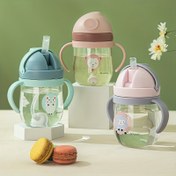 Resim 1 adet 250ml/8.45oz Sevimli Karikatür Plastik Su Bardağı, Sızdırmaz Pipetli Su Şişesi Çift Tutacaklı, Açık Hava Sporları, Fitness, Seyahat için Taşınabilir 