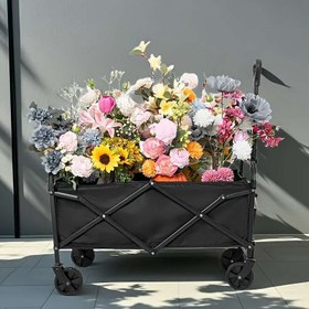Resim Katlanabilir, çok amaçlı ve geniş kapasiteli metal/plastik çerçeveli, ergonomik tutma kolları ve 4 büyük tekerlekli ağır hizmet tipi el arabası - bahçecilik, kamp, plaj, yürüyüş için uygun taşınabilir 