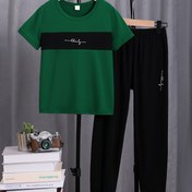 Resim Erkek Çocuklar İçin Günlük 2 Parça Takım: Harf Baskılı Kısa Kollu Tişört & Uzun Pantolon - Nefes Alabilen Polyester Karışımı, Makinede Yıkanabilir, İlkbahar & Sonbahar, Günlük Kullanım, Dış Mekan İçin Mükemmel 