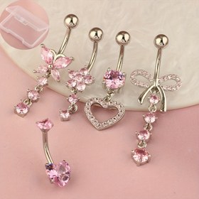 Resim 5 Adet Pembe Kalp Göbek Yüzüğü Seti, Sentetik Taşlı Paslanmaz Çelik Vücut Piercing Fıçı, Kaplamasız, Hip Hop ve Seksi Stil, Günlük Giyim ve Hediyelik Eşya İçin İdeal, Mardi Gras Tatil Teması, Tüm Mevsimlerle Uyumlu 