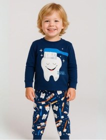 Resim Zekids Erkek Çocuk Pamuklu Diş Baskılı Pijama Takımı-16050 Lacivert 