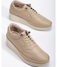 Resim Hakiki Deri Ortopedik Kadın Dolgu Topuklu Ayakkabı Bej Elastik Bağcıklı-3301 Bej 