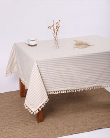 Resim Dnc Home Tekstil Bej Çizgili Keten Ponponlu Masa Örtüsü Bej 