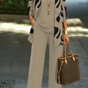 Resim 3 Parça Kadınlar İçin Şık Bej & Siyah Soyut Desen Takım Elbise Seti - Dikilmiş Blazer, Yelek ve Geniş Paça Pantolon, Cep Detaylı Yanlış Jaket, Makinede Yıkanabilir Ofis-Günlük Giysiler (İlkbahar/Sonbahar) - Profesyonel ve Gündelik Stil 