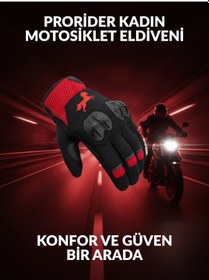 Resim Yüksek Korumalı Kadın Motosiklet Eldiveni Kırmızı Avuç İçi Slider Korumalı 
