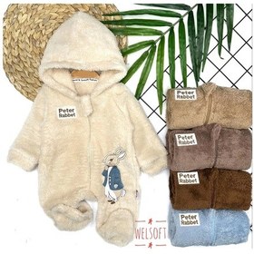 Resim 3-6-9-12 Ay Rabbit Tavşan Nakışlı Fermuar Kapamalı Patikli Tüylü Erkek Bebek Tulumu Bej Bej 