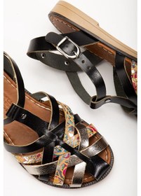 Resim 205-02 Siyah Garni Ortopedik Hakiki Deri Kadın Sandalet Bej 