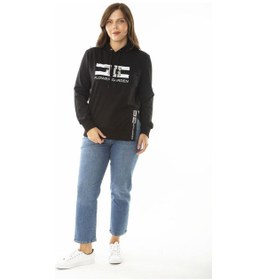 Resim Kadın Büyük Beden Oranj Taş ve Baskı Detaylı Kapşonlu Yan Yırtmaçlı Sweatshirt 65n36867-siyah Siyah 