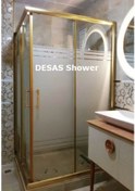 Resim Desaş Shower Gold Profil Teknesiz Kare Çizgili Desenli Cam Duşakabin 90 x 90 6 MM Altın 