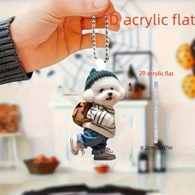 Resim 2D Düz, Sevimli Karikatür Teddy Köpek Sırt Çantası Anahtarlık - 2D Akrilik Araba Kolye, Sırt Çantaları ve Anahtarlar için Mükemmel, Tatiller için İdeal Hediye 
