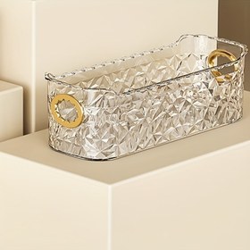 Resim Şık Şeffaf Plastik Kozmetik Düzenleyici - Toz Geçirmez Çoklu Bölme Makyaj ve Takı Saklama Kutusu, Altın Tonlu Tutacaklar, Dayanıklı Tezgah Düzenleyici, Banyo Tezgahı, Seyahat Dostu Kozmetik Kutusu, Makyaj Tezgahı, Şık Tasarım, Sağlam Yapı, Ev Düzenleyicileri 