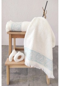 Resim 2'li Kabartma Bordürlü & Püsküllü Havlu Seti - %100 Pamuk El Havlusu - 50x85 Cm-turkuaz Turkuaz Turkuaz 