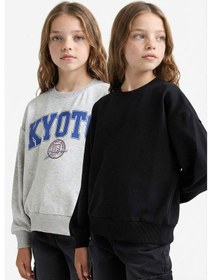 Resim Defacto Kız Çocuk Relax Fit Bisiklet Yaka Slogan Baskılı 2li Sweatshirt E6473a825aubk81 Siyah 