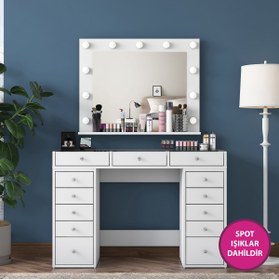 Resim Rani Mobilya Rani Bj118 Hollywood Işıklı Aynalı Kulis Makyaj Masası Cam Tablalı Takı Düzenleyici Beyaz 
