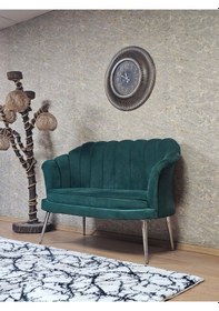 Resim Zafir İkili İstiridye Krom Kaplama Sivriltme Ayak Çay Seti Koltuk Tekli Berjer , İkili Berjer Koltuk Yeşil 