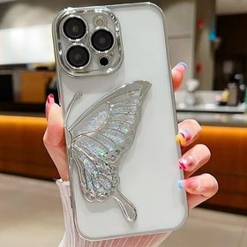 Resim Coverzone iPhone 17 ile Uyumlu 3D Kelebekli Sıvılı Simli Şeffaf Gümüş Çerceve LunaFlow Telefon Kılıfı Kamera Lens Korumalı Lüks Parlak Koruyucu Kapak 