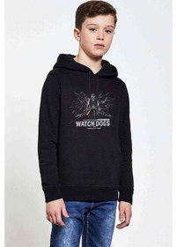 Resim Watch Dogs Baskılı Unisex Çocuk Kapüşonlu Siyah Sweatshirt 