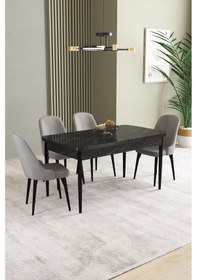Resim Ikon Siyah Mermer Desen 80x132 Mdf Açılabilir Yemek Masası Takımı 4 Adet Sandalye Gri 