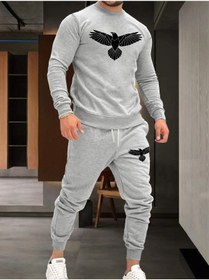 Resim MODARİCH Gri Kartal Jogger Sweatshirt Alt Üst Eşofman Takımı Oversize Baskılı Bisiklet Yaka 