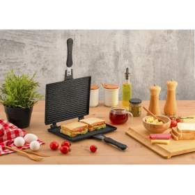 Resim Sağlam Ocak Üstü Döküm Tost Makinesi, Geniş Boyut, Şık Siyah Tasarım 