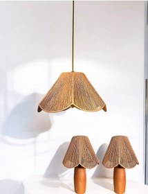 Resim Rosalinda Modeli Avize & Abajur Set - Hasır El Yapımı Bohem Çiçek Şekilli Avize 2 Li Ahşap Ayaklı Rustik Abajur Set Çok Renkli 