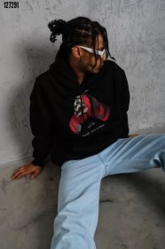 Resim Erkek Eldiven Baskılı Kapüşonlu Sweat Siyah 