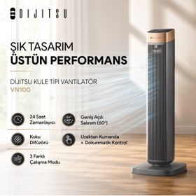 Resim Dijitsu VN100 Kule Tipi Vantilatör - 45W, Zaman Ayarlı, 3 Hız Kademeli, Koku Difüzörü, Uzaktan Kumandalı, Geniş Salınım 