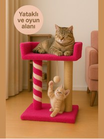 Resim Komano Pontika 2 Katlı Yataklı ve Oyun Alanlı Peluş Dokulu Yumuşacık Kedi Tırmalama Tahtası ve Kedi Yatağı 55 cm 