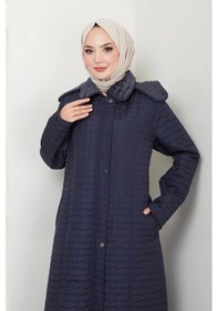 Resim İçi Kürklü Tam Boy Kaban Mont - Lacivert / M0102 Lacivert 
