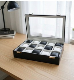 Resim Premium 15 Yuvalı Tamamen Deri Kaplama Cam Kapaklı Şık Tasarım Saat Saklama Kutusu Ebat 34x24x8 Cm Siyah - Beyaz 