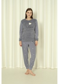 Resim Wordex Fawn 04-3309 Peluş Welsoft Polar Kışlık Yumoş Kalpli Kedili Kadın Pijama Takımı Gri 