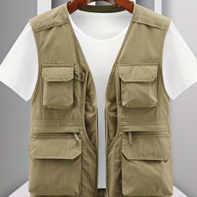 Resim Erkekler için Günlük Dış Mekan Nefes Alabilir Kolsuz Yelek - Çok Cepli Zeytin Yeşili Tüm Sezon Rahatlığı ile Hafif Polyester V-Yaka, Doğa Yürüyüşü ve Şehir Giyimi İçin Seyahat Yeleği | V-Yaka Yelek | Fonksiyonel Cep Detayları, Doğa Yürüyüşü Aksesuarları 