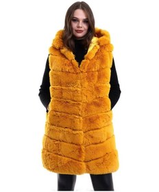 Resim Tarzyeri Kadın Kapüşonlu Peluş Kürk Yelek Premium Kalite Tam Astarlı Uzun Model - Sarı beyaz 