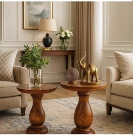 Resim Doğal Görünümlü Meşe Masif Ahşap Yan Sehpa 2 Li Zigon Takımı Kahverengi 