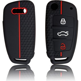 Resim 1 adet Siyah Silikon Uzaktan Kumanda Anahtar Kılıfı, Audi TT, A6, C6, A4, A5, A7, A3, Q3, Rs3, Rs6, Q2, Q7, S3, S7, S8 için Kırmızı Vurgular - Dayanıklı Altıgen Desenli Anahtarlık Kılıfı, Kilit/Açma/Araç İkonları 