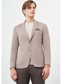 Resim İmza Koyu Vizon Kazayağı Desen Örme Mono Yaka Astarsız Çift Yırtmaç 2 Düğme 6 Drop Slim Fit Casual Ceket 1002245150 Koyu Vizon 