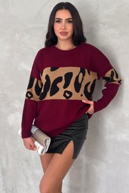 Resim FEMELLE Kadın Bordo Standart Beden Leopar Desen Oversize Triko Kazak 