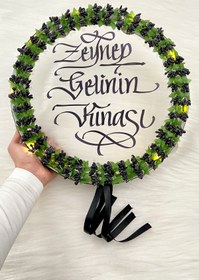 Resim ZEYMERADE Siyah Ledli Şeffaf Gelin Tefi 32cm Cipsolu Saten Kurdele Düğün Kına Nedime Bride Parti Defi 