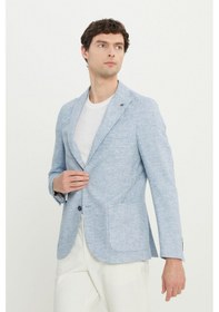 Resim AC&Co / Altınyıldız Classics Erkek Mavı Keten Slim Fit Dar Kesim Kırlangıç Yaka Balıksırtı Desenli Blazer Ceket Mavi 