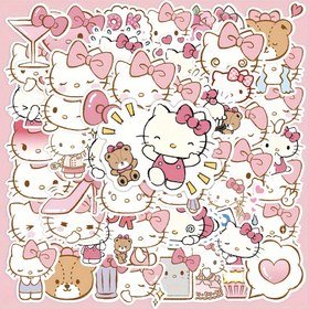 Resim Sanrio's 50 Pink Hello Kitty Cute Stickers - Waterproof and Reusable - Perfect for Decorating Your Phone, Computer, Luggage, Refrigerator, Laptop, etc 