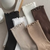 Resim 6 Çift Kadın Düz Renkli Ruffled Cuff Orta-Bacak Çorapları, Moda Örgü Polyester %98 Spandeks %2 Karışımı, Ayak Bileği Botları İçin Kısa Çoraplar 