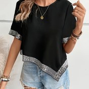 Resim Kadınların Zarif Siyah ve Altın Işıltılı Asimetrik Etek Bluz - Bahar ve Yaz için Rahat Kısa Kollu Crew Neck Üst, Rahat Kıyafetler için Mükemmel, Rahat Kıyafetler Üst|Asimetrik Etek Üst|Sequin Süsleme 
