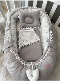 Resim Nest Gri Wafle Pike Kumaş Micky Tasarım Ponponlu 3'lü Jaju-babynest Set 