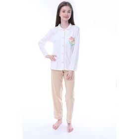 Resim Zuzunga Ekru-bej Çiçek Baskılı Biyeli Düğmeli %100 Pamuk Kız Çocuk Pijama Takımı Ekru - Bej 